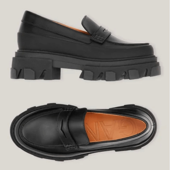 GANNI Black Leather Chunky Loafers size 10 - Picture 1 of 14